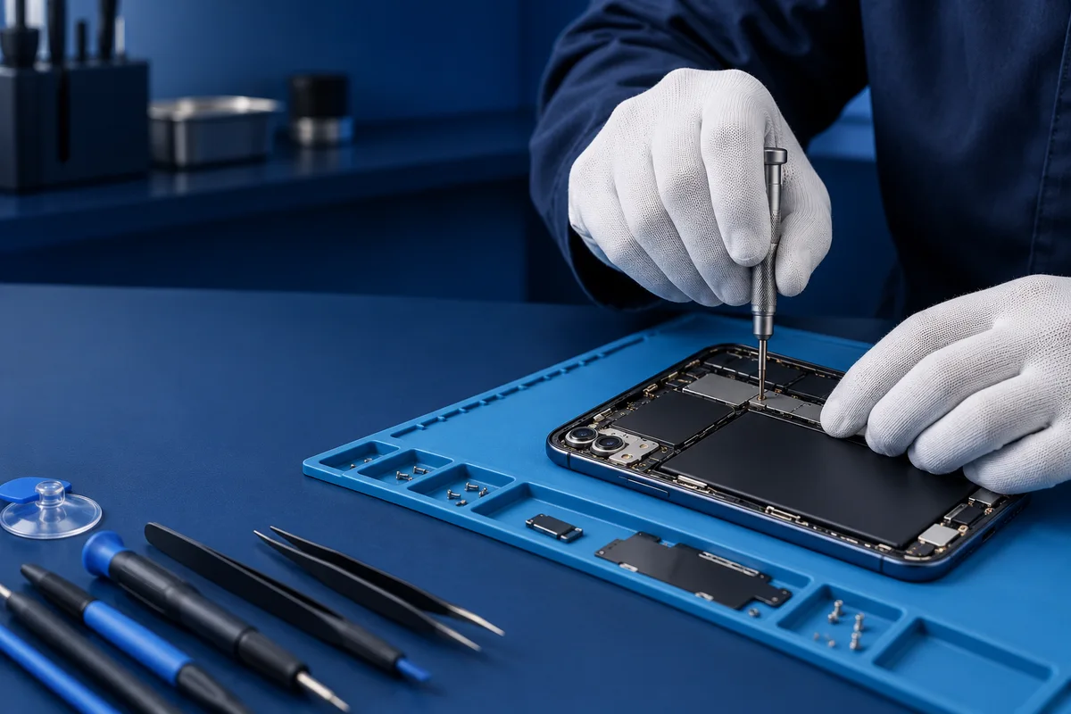 Ilustración de una reparación de celular con herramientas de precisión